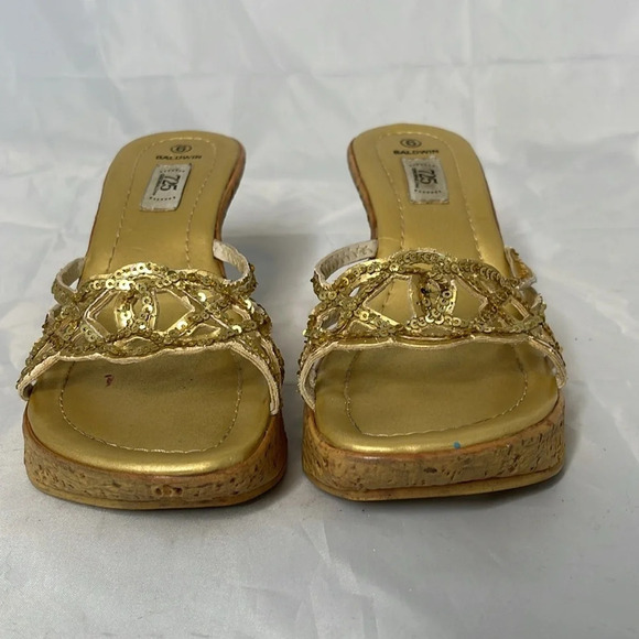 VINTAGE Y2K Platform Gold Sequin Baldwin 725 Original Wedge Open Toe Slides 6 - Picture 2 of 12